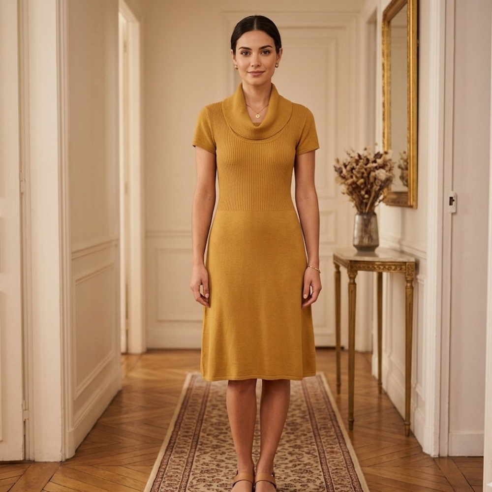 Calvin Klein Mustard Yellow Knit Cowl Neck Short Sleeve Sweater Dress Medium - Picture 10 of 10